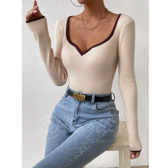 Beige Rib Knit Sweetheart Neck Contrast Brown Trim - Picture 5 of 10